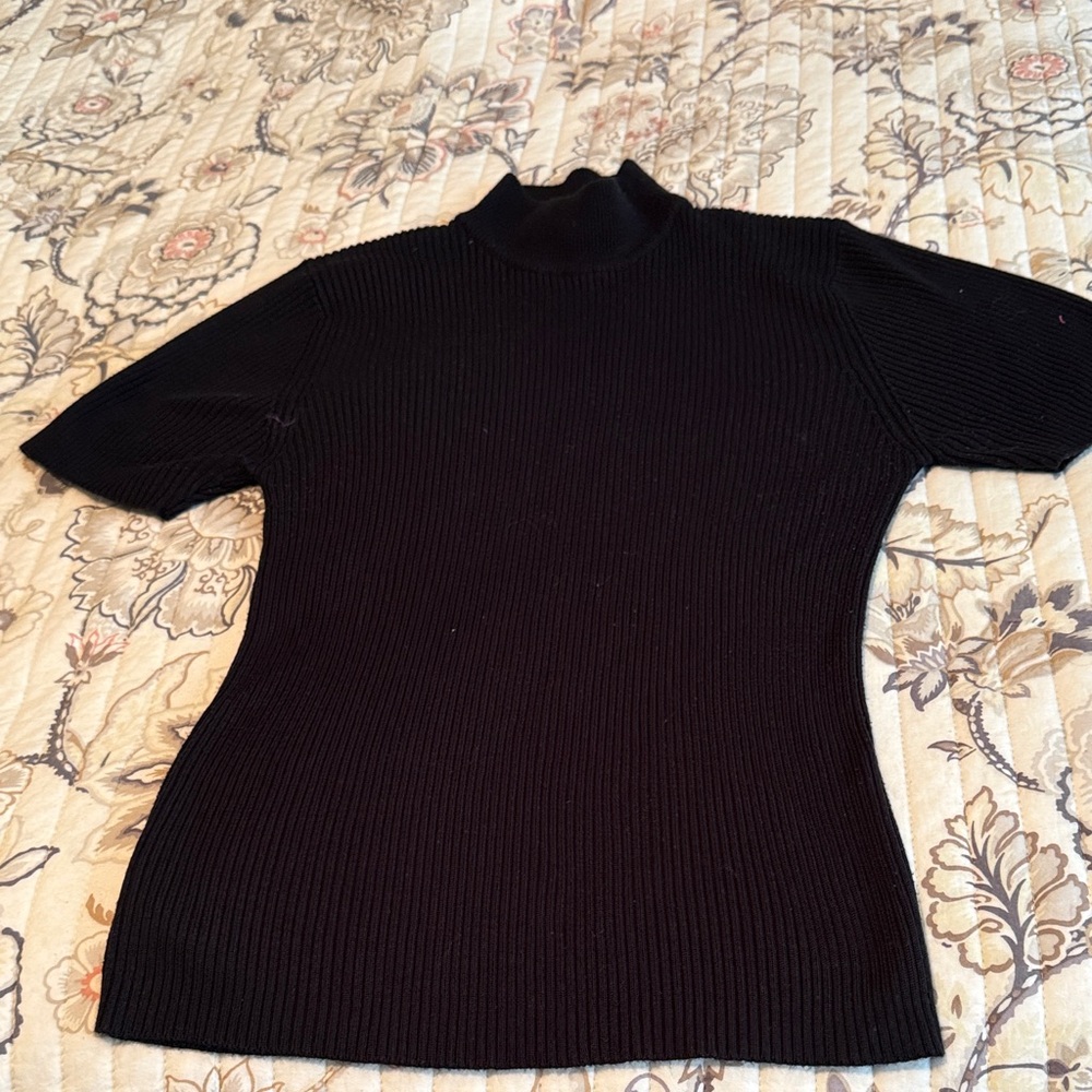 Black Ribbed Short-Sleeve Mock Neck Top